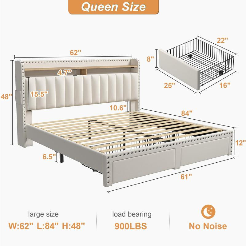 Raybee Furniture Bed Frame with Storage, MATTRESS NOT INCLUDED King Size Bed with Headboard, Upholstered Queen or Full Size Divan Beds with 2 Drawers and Built-In Shelves