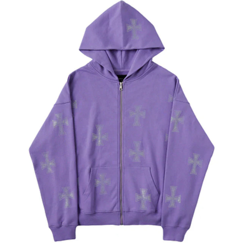 Cross Rhinestone Zip Hooded Sweatshirt