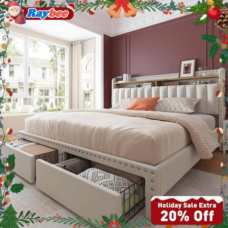 Raybee Furniture Bed Frame with Storage, MATTRESS NOT INCLUDED King Size Bed with Headboard, Upholstered Queen or Full Size Divan Beds with 2 Drawers and Built-In Shelves