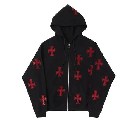 Cross Rhinestone Zip Hooded Sweatshirt