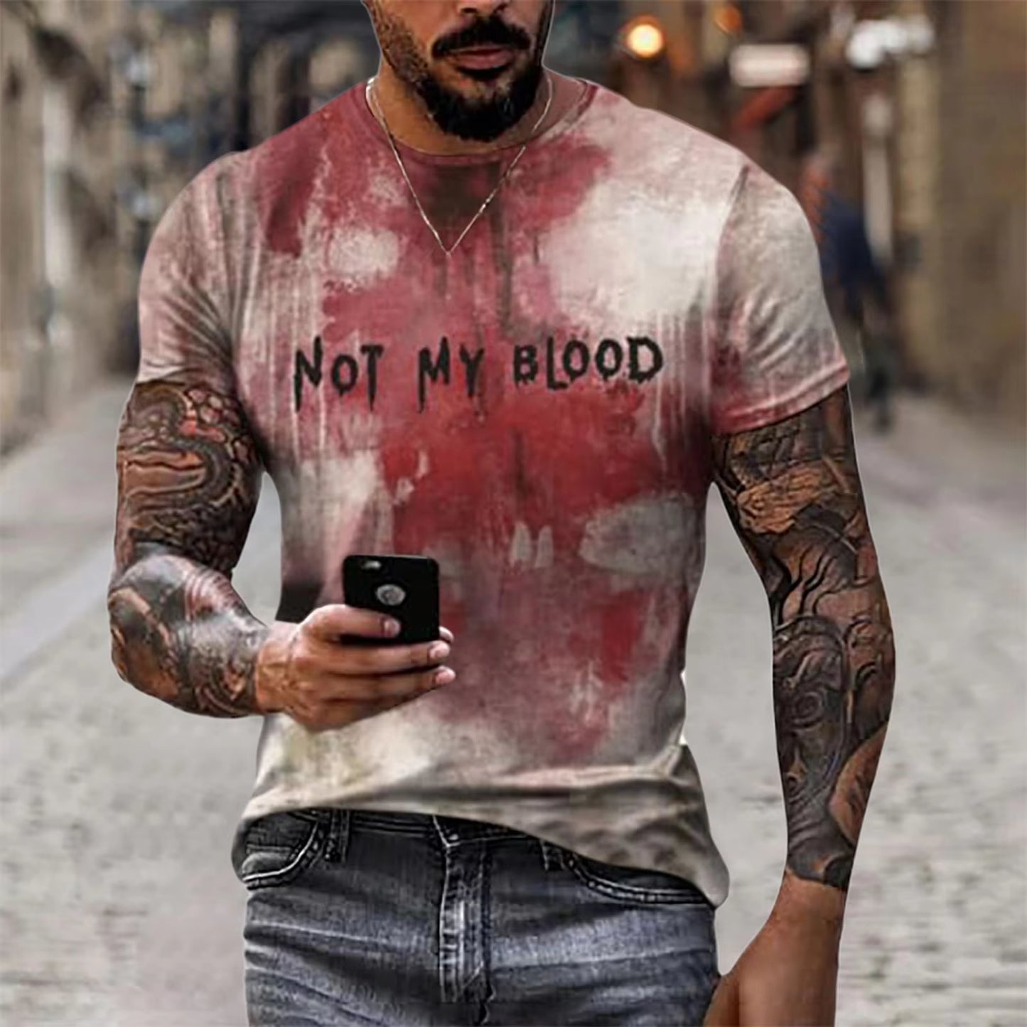 Problem Solved Bloody Fonts T-Shirt Male 2024 Halloween Print Tops Short Sleeve round Neck Distressed T Shirt Holiday Party Top