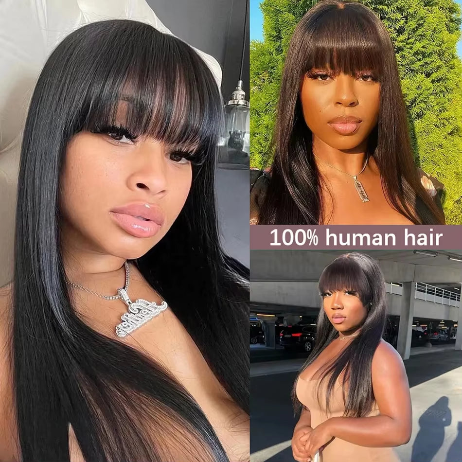 3X1 Middle Part Lace Wig Bone Straight Human Hair Wig with Bangs Brazilian Full Machine Made 100% Human Hair Wigs for Women