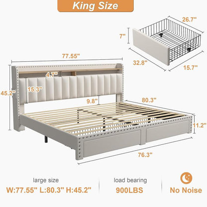 Raybee Furniture Bed Frame with Storage, MATTRESS NOT INCLUDED King Size Bed with Headboard, Upholstered Queen or Full Size Divan Beds with 2 Drawers and Built-In Shelves