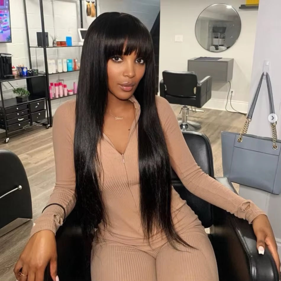 3X1 Middle Part Lace Wig Bone Straight Human Hair Wig with Bangs Brazilian Full Machine Made 100% Human Hair Wigs for Women