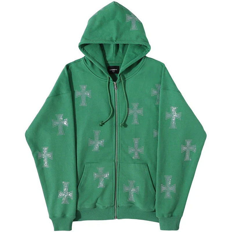 Cross Rhinestone Zip Hooded Sweatshirt