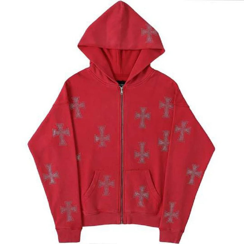 Cross Rhinestone Zip Hooded Sweatshirt