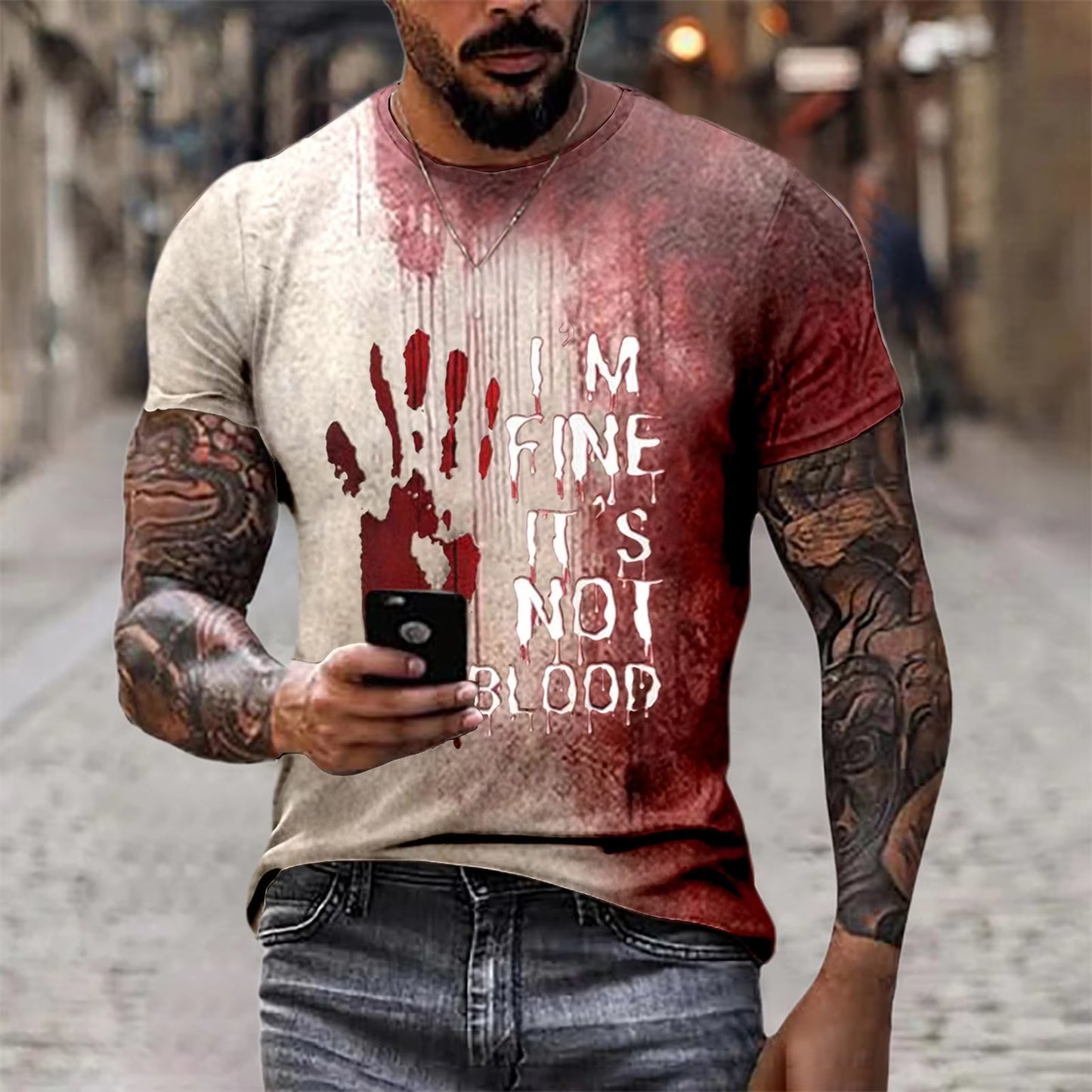 Problem Solved Bloody Fonts T-Shirt Male 2024 Halloween Print Tops Short Sleeve round Neck Distressed T Shirt Holiday Party Top