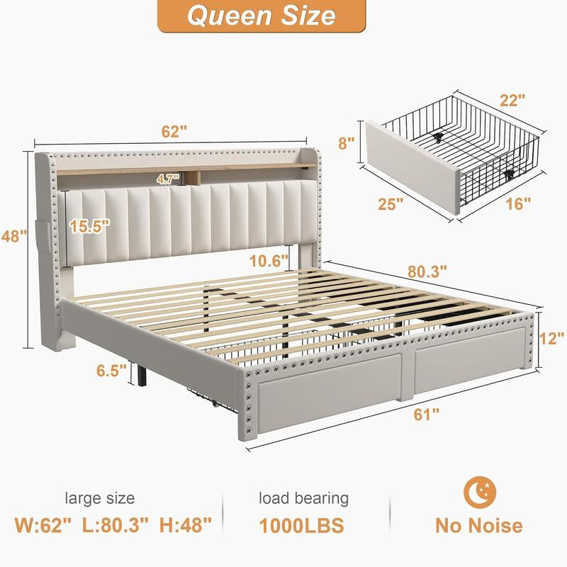 Raybee Furniture Bed Frame with Storage, MATTRESS NOT INCLUDED King Size Bed with Headboard, Upholstered Queen or Full Size Divan Beds with 2 Drawers and Built-In Shelves