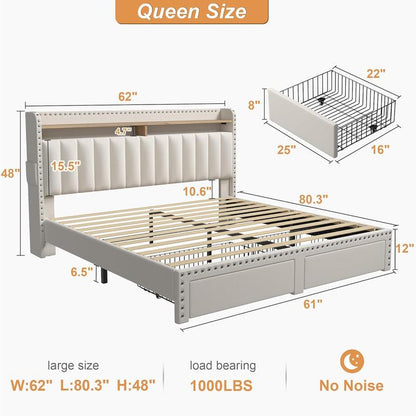 Raybee Furniture Bed Frame with Storage, MATTRESS NOT INCLUDED King Size Bed with Headboard, Upholstered Queen or Full Size Divan Beds with 2 Drawers and Built-In Shelves