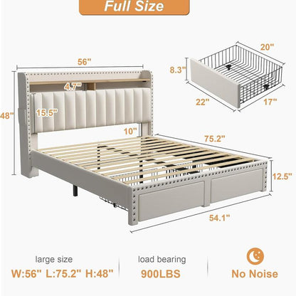 Raybee Furniture Bed Frame with Storage, MATTRESS NOT INCLUDED King Size Bed with Headboard, Upholstered Queen or Full Size Divan Beds with 2 Drawers and Built-In Shelves