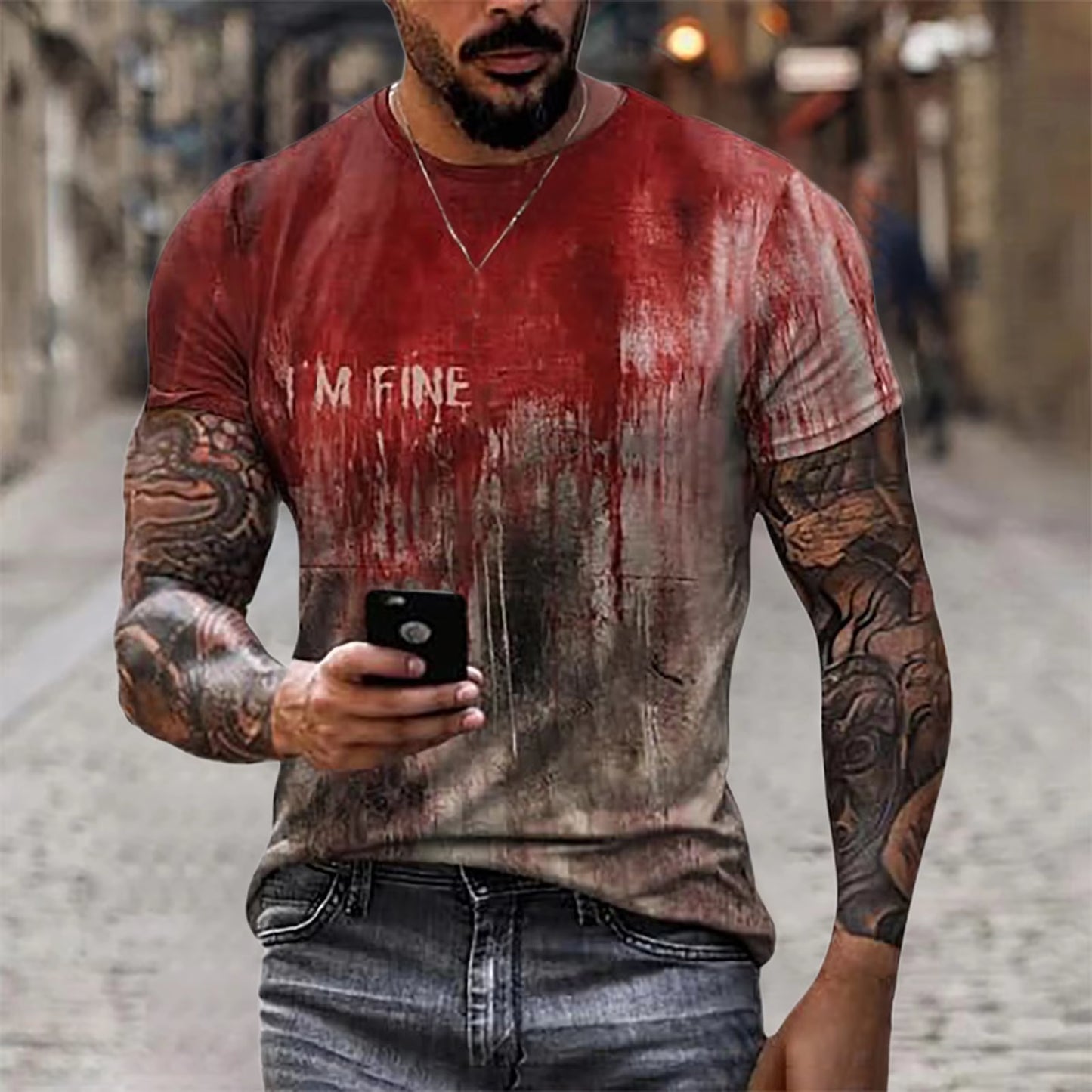 Problem Solved Bloody Fonts T-Shirt Male 2024 Halloween Print Tops Short Sleeve round Neck Distressed T Shirt Holiday Party Top