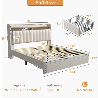 Raybee Furniture Bed Frame with Storage, MATTRESS NOT INCLUDED King Size Bed with Headboard, Upholstered Queen or Full Size Divan Beds with 2 Drawers and Built-In Shelves